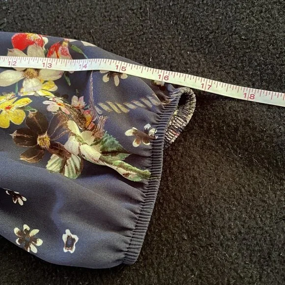 Navy Floral Tie-Front Ruffle Blouse - Romantic Feminine Blue Shirt - Picture 2 of 6